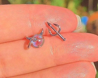 Tiny Devil Asymmetrical Earrings | 925 Silver Sparkly Y2K Alternative Dainty Studs Opalescent