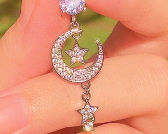 Buy Silver Crescent Moon Star Dangle Belly Button Ring Y2K 2000s Online in  India - Etsy
