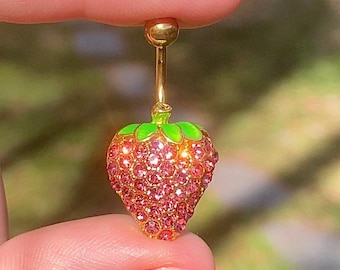 Strawberry Belly Button Ring | Sparkly Pink Body Jewelry, Stainless Steel, Dainty Navel Piercing, Fruit Charm Cottagecore