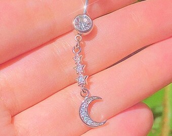 Silver Crescent Moon Dangle Belly Button Ring - Y2K 2000s Sparkly Body Jewelry - Surgical Steel - Navel Piercing - Cosmic Saturn Orb Charm