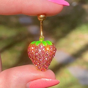 Strawberry Belly Button Ring | Sparkly Pink Body Jewelry, Stainless Steel, Dainty Navel Piercing, Fruit Charm Cottagecore