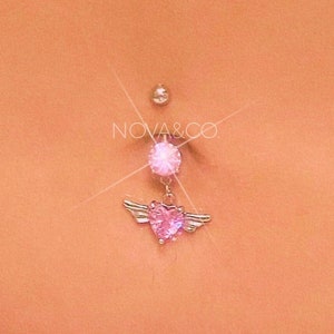 Angel Heart Belly Button Ring - Y2K 2000s Sparkly Sexy Body Jewelry - Cute Dangle Belly Ring - Stainless Steel - Navel Piercing B13