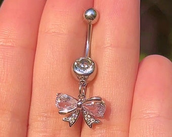 Coquette Dainty Bow Aesthetic Belly Button Ring | Silver Dangly Belly Bar, Y2k Ribbon Body Jewelry Kawaii Dangle Dolly Navel Piercing