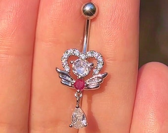 Angel Heart Belly Button Ring | Y2k 2000s Aesthetic Body Jewelry, Surgical Steel Navel Piercing, Kawaii Cute Pinterest Inspired