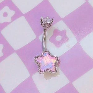 Opalescent Pink Y2K Star Belly Ring | Silver 2000s Navel Piercing Bar