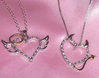 Y2K Angel Devil Heart Necklace | Best Friend Matching Egirl Grunge Brat Baddie Diamond Charm Necklace, Minimal Jewelry Cute Aesthetic Trendy