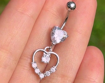 Silver Angel Heart Belly Button Ring - Y2K 2000s Sparkly Body Jewelry - Surgical Steel - Navel Piercing - Icy Dangle belly ring