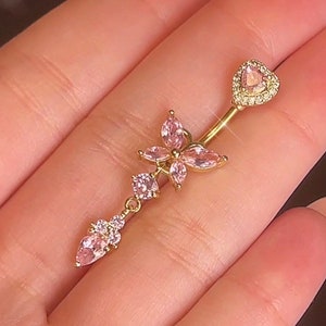 Gold Butterfly Dangle Belly Ring | Handmade Y2K Sparkly Navel Piercing, Dainty Delicate Pink CZ