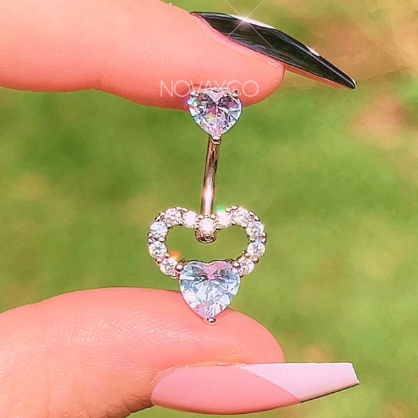 Double Heart Belly Button Ring - Y2K 2000s Sparkly Body Jewelry - Surgical Steel - Navel Piercing - Double Belly Bar 10MM 14G