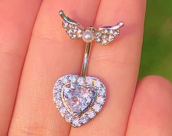 Angel Wing Heart Belly Button Ring | Double End Belly Bar, Y2k 2000s Aesthetic Coquette Body Jewelry Kawaii Navel Piercing, Sparkle Top