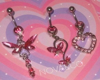 Pink Belly Button Ring Set - Y2K 2000s Sparkly Body Jewelry - Surgical Steel - Navel Piercing - Heart Butterfly Dragonfly Charm - 3pcs