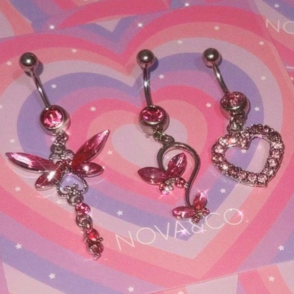 Pink Belly Button Ring Set - Y2K 2000s Sparkly Body Jewelry - Surgical Steel - Navel Piercing - Heart Butterfly Dragonfly Charm - 3pcs