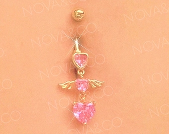 Sparkly Angel Heart Belly Button Ring | NOVAXCO Sparkly Y2K 2000s Body Jewelry - 316L Stainless Steel - Dangly Navel Piercing