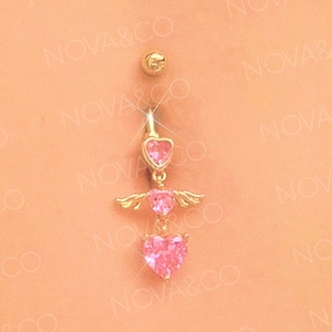 Sparkly Angel Heart Belly Button Ring | NOVAXCO Sparkly Y2K 2000s Body Jewelry - 316L Stainless Steel - Dangly Navel Piercing