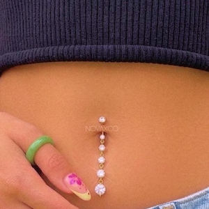 Extra Long Dangly Belly Button Ring | Sparkly CZ Y2K Gold Dangling Navel Piercing