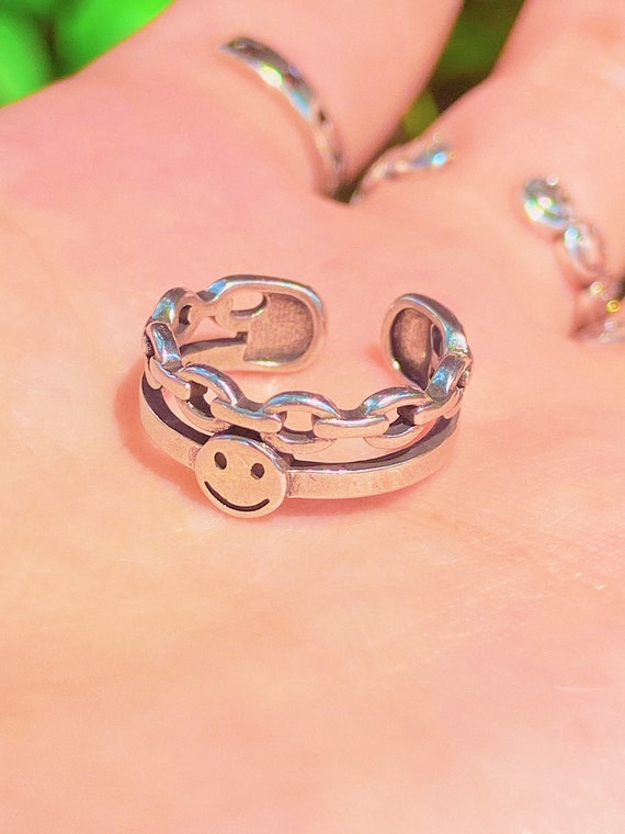 Smiley Face Chain Link Ring Adjustable 