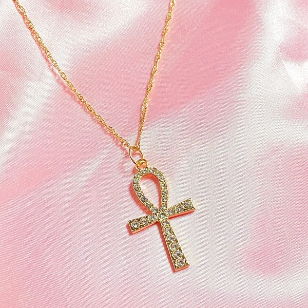 Ankh Necklace 18k Gold - Baddie Gold Diamond Necklace - Egyptian Symbol - Ankh Pendant- Minimal Jewelry - Cute Aesthetic Trendy