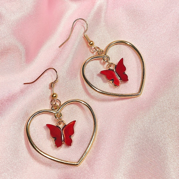 Butterfly Heart Hoop Earrings 90s 2000s Y2K - Minimal Cute Feminine Instagram Baddie Jewelry - VSCO Trendy