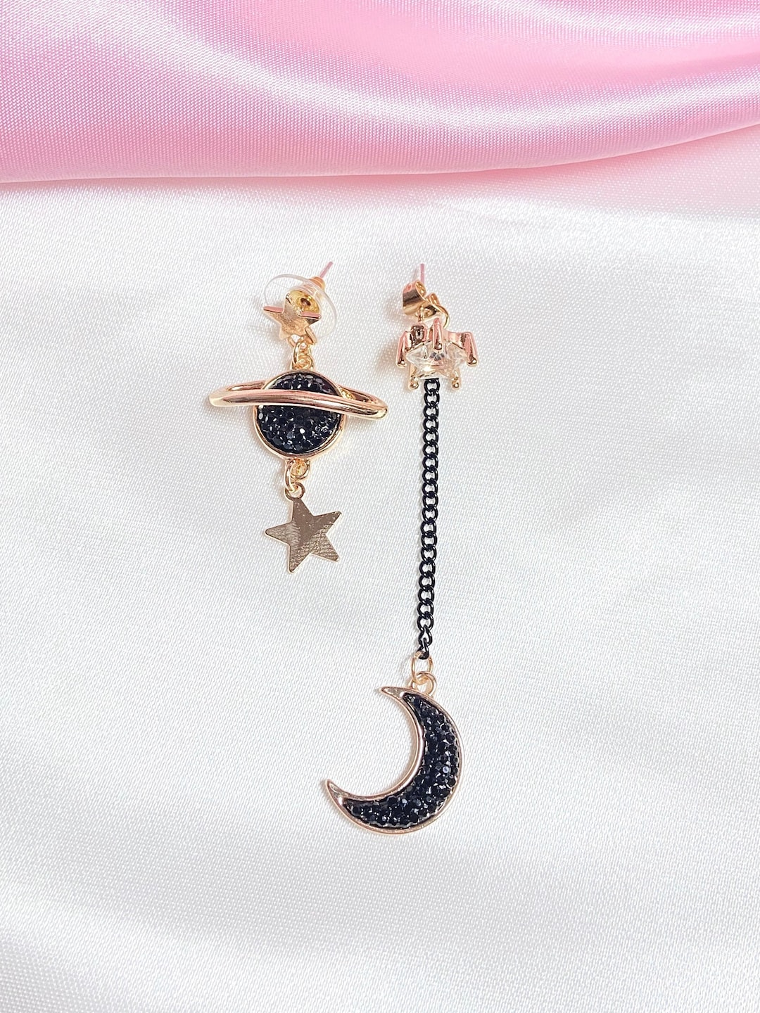 Star & Moon Asymmetrical Earrings – Gold & Blue main image 1
