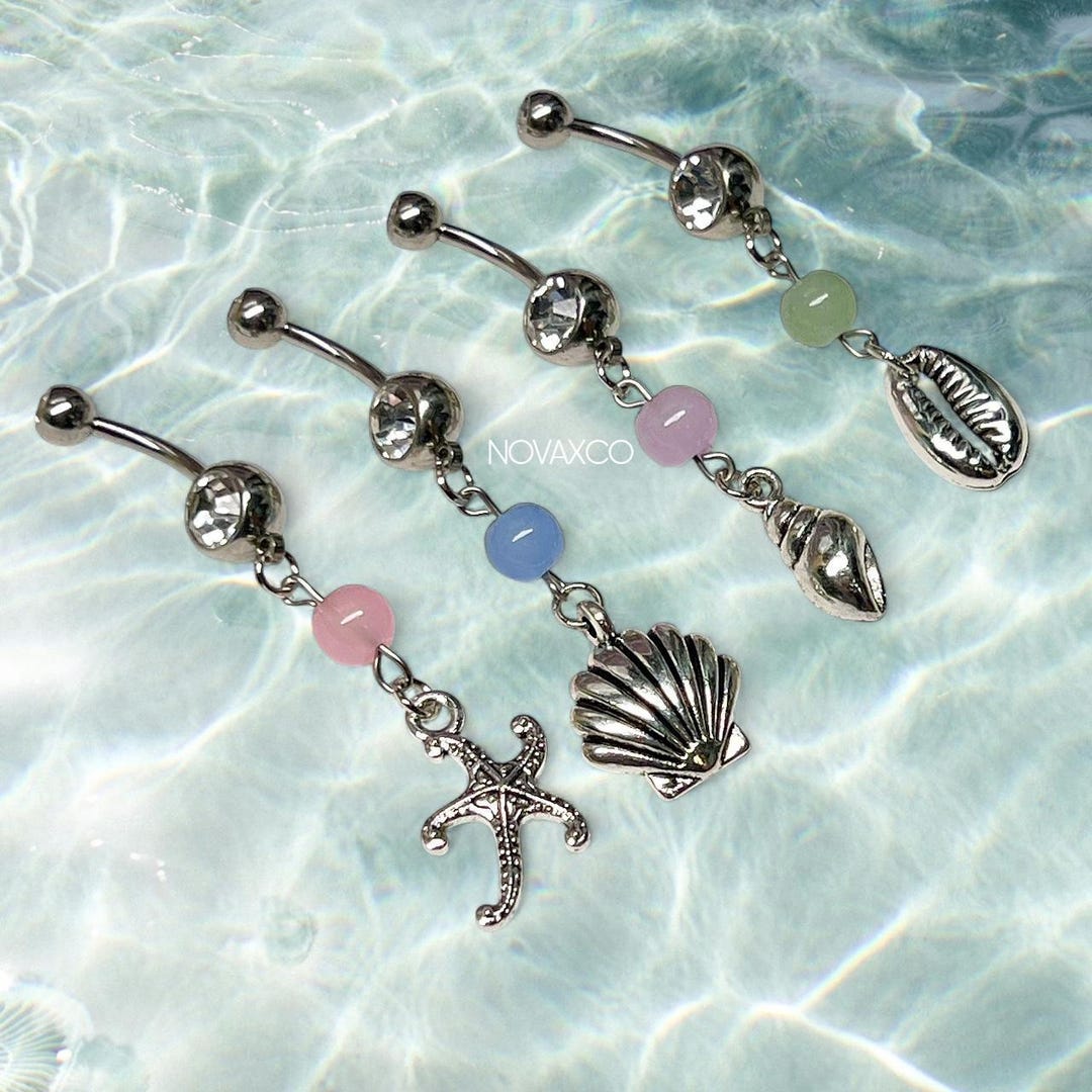 Beachy Belly Button Rings | 14G Shell Starfish Dainty Dangle Navel Ring ...
