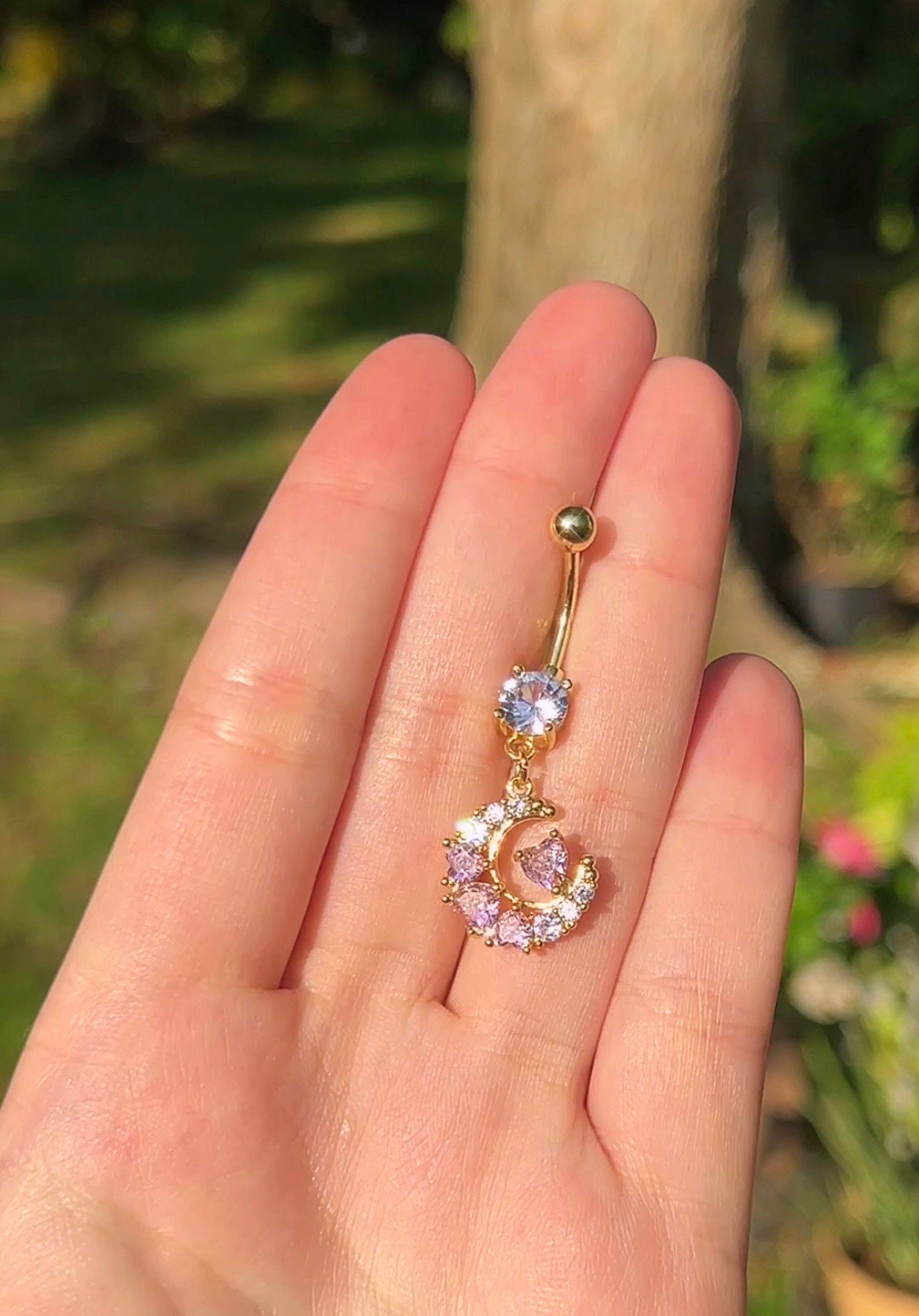 Gold Moon Belly Button Piercing | Y2K Heart Crescent Sparkly Body Jewelry, Dangle Piercing, Navel Piercing, Dainty Delicate Belly Ring Gift