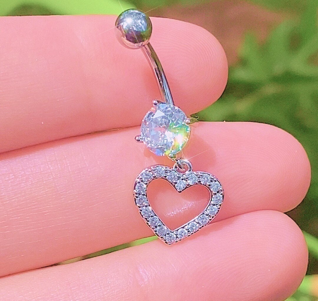 Silver Heart Dangle Belly Button Ring Sparkly Body Jewelry Surgical