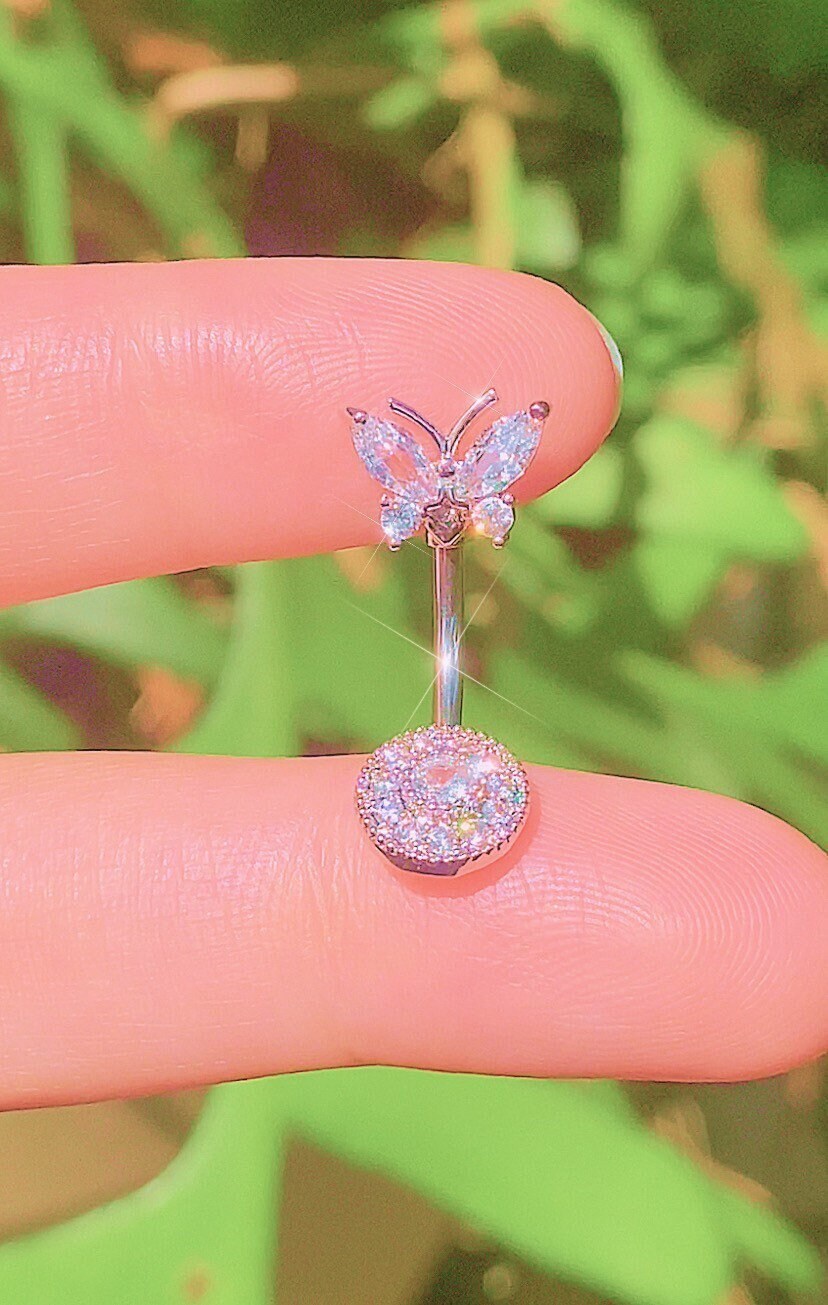 Pink butterfly belly button ring deals