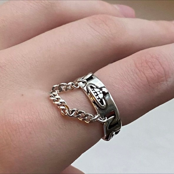 Saturn Planet Orb Ring With Chain Adjustable Unisex Ring Sterling Silver Aesthetic Minimal Jewelry Baddie Cute