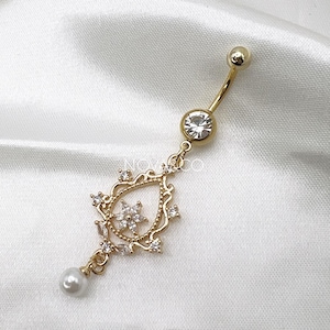 Gold Dangly Belly Button Piercing, Elegant Long Navel Jewelry Piercing, Cute Drop Belly Button Rings, Navel Jewelry Cute Gold Sparkly Pearl