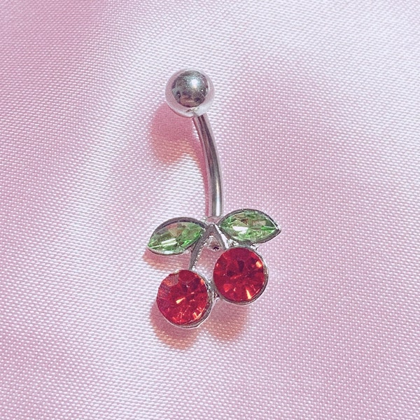 Cherry Belly Button Ring, Dainty Belly Jewelry, Stainless Steel Navel Piercing, Belly Bar Barbell, Kawaii Cute Minimal Belly Ring Gift idea