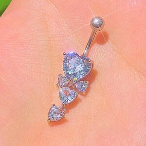 Sparkly Heart Dangle Belly Ring - Bow Aesthetic Belly Button Ring -  Y2k 2000s Body Jewelry - Surgical Steel - Navel Piercing B30