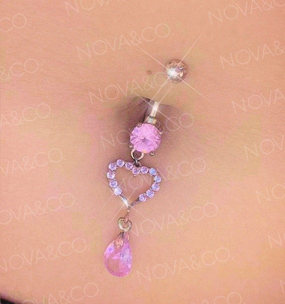 Sparkly Heart Dangle Belly Button Ring Gold Navel Piercing Y2K 2000s Dangly Body Jewelry 316L Stainless Steel