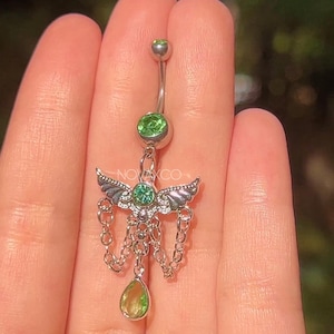 Grön hängande navelring | 14G Boho Y2K änglalik lång hängande navelpiercing