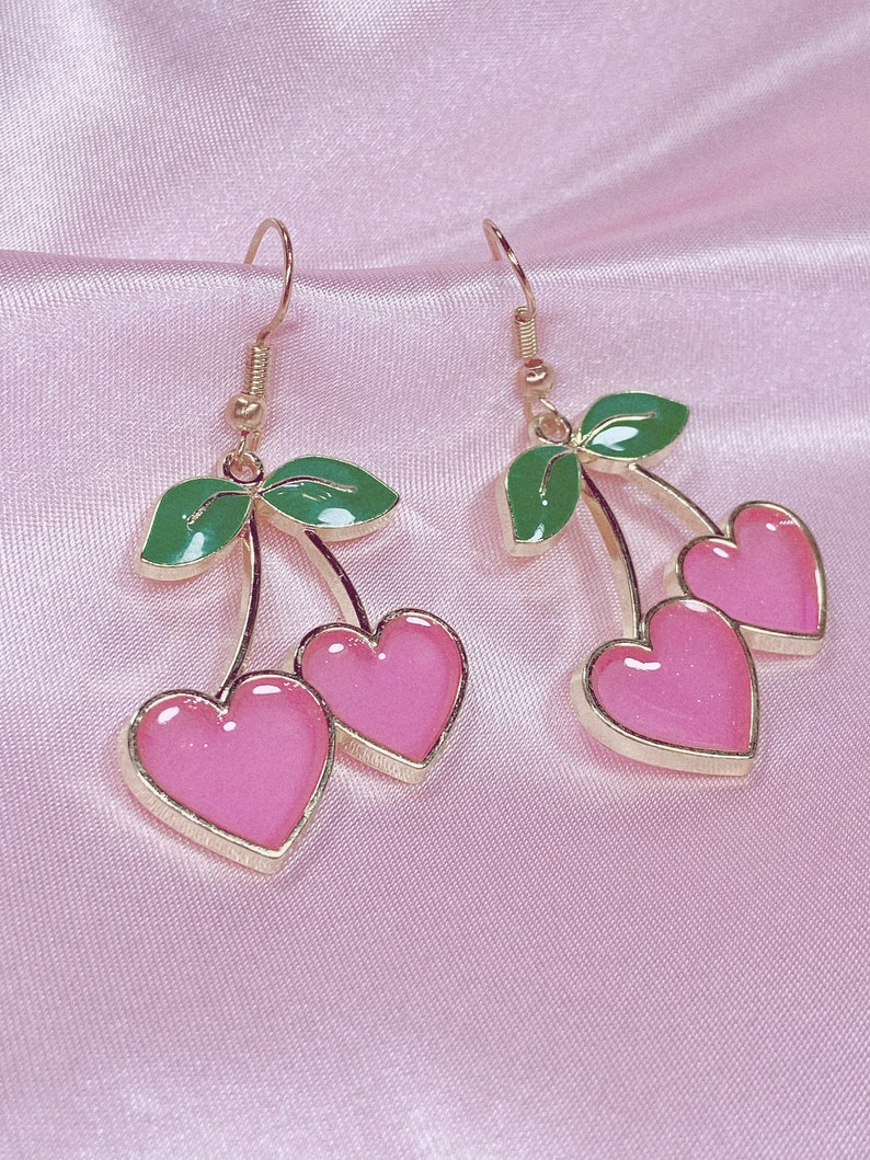 Pink Cherry Heart Earrings Baddie Jewelry Trendy Accessories | Etsy