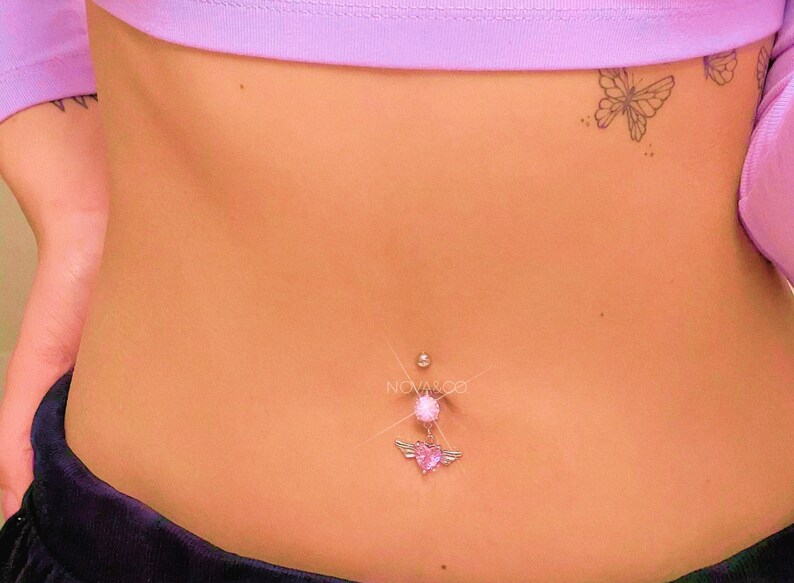 Angel Heart Belly Button Ring - Y2K 2000s Sparkly Sexy Body Jewelry - Cute Dangle Belly Ring - Stainless Steel - Navel Piercing B13 