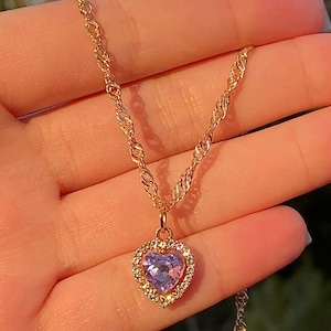 Purple Diamond Heart Necklace Baddie Rhinestone Jewelry Y2K Minimal Cute Aesthetic Trendy Gift for Her Valentine Girlfriend Love image 1