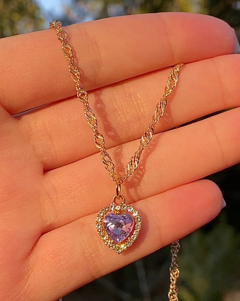 Purple Diamond Heart Necklace Baddie Rhinestone Jewelry Y2K Minimal Cute Aesthetic Trendy Gift for Her Valentine Girlfriend Love image 1