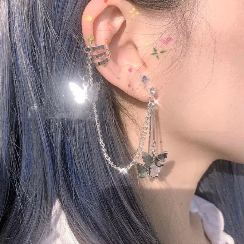 Y2K 2000s Silver Butterfly Drop Earring With Adjustable Ear Cuff - Butterfly Cuff Earring - Baddie Jewelry - Aesthetic 