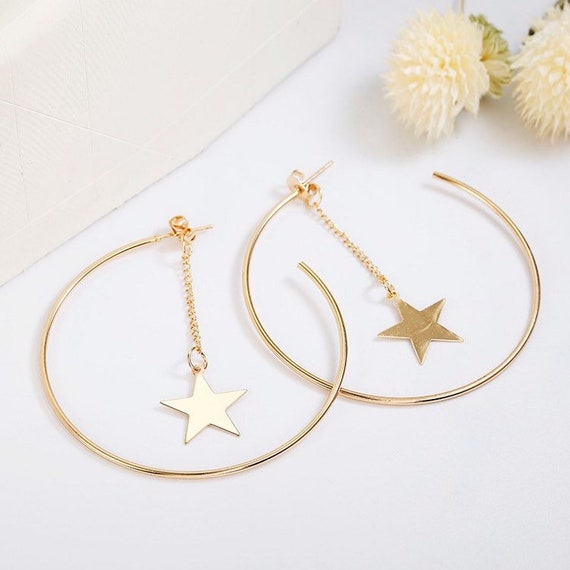 Big Circle Star Hoop Earrings Etsy