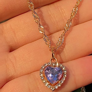 Purple Diamond Heart Necklace Baddie Rhinestone Jewelry Y2K Minimal Cute Aesthetic Trendy Gift for Her Valentine Girlfriend Love image 2