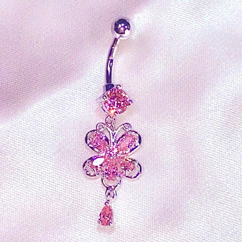 Flower Butterfly Baby Belly Button Ring Body Jewelry Baddie Aesthetic Pink Navel Piercing Y2k 00s Angel image 1
