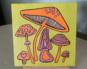Mid Century Inspired Illustration Art Small Painting 4x4 with Easel Original  Hand Painted  Retro Funky Mushrooms "Electric Mushrooms"
