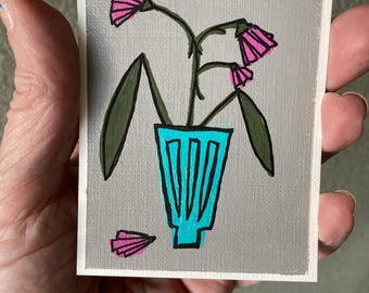 Collectible Trading Card Art Artist Card Edition Original ACEO "Turquoise Vase #1" 2.5" x3.5" Hand Painted Acrylic Small Art