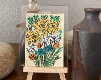 Collectible Trading Card Art Artist Card Edition Original ACEO "Flower Menagerie" 2.5" x3.5" Hand Painted Acrylic Small Art