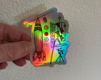 Mid Century Art Vintage Disneyland Tomorrowland Skyway Rocket Disney Vinyl Sticker Decal Holographic Lap top Water Bottle