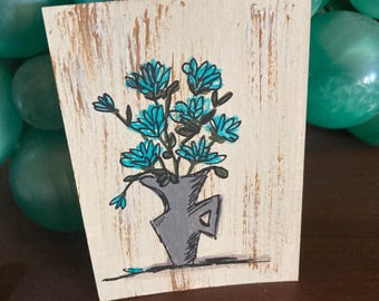 Mid Century Inspired Tiny Art Painting on Canvas Paper Hand Painted Dollhouse Barbie Unframed Retro Flowers "Forget-Me-Nots"