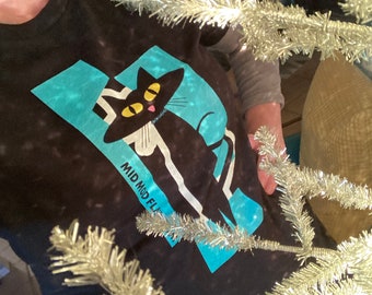 Mid Century Inspired Art Printed T-shirts Tees Mod Black Cat From My Hand Painted Art Retro Artist Tee Shirts Logo Small Medium