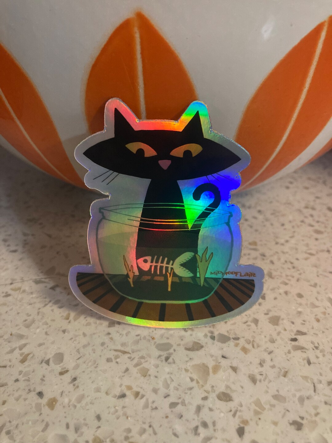 Mod Black Cat Vinyl Halloween Sticker Holographic Spooky Bone Fish ...