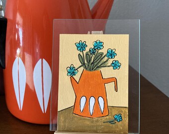 Collectible Trading Card Art Artist Card Edition Original ACEO "Perk Me Up a Cup" 2.5" x3.5" Hand Painted Acrylic Small Art Cathrineholm