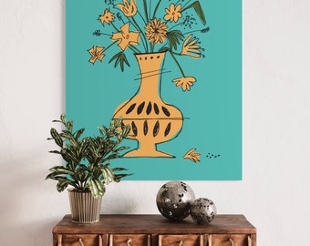 Mid Century Inspired Flower Art Vintage Illustration Style Yellow Flowers in Vase Giclée Prints Retro Original Art Poster